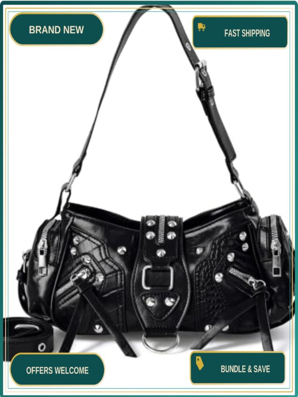 Faux Leather Y2K Hobo Shoulder Bag Studded Crescent Handbag
